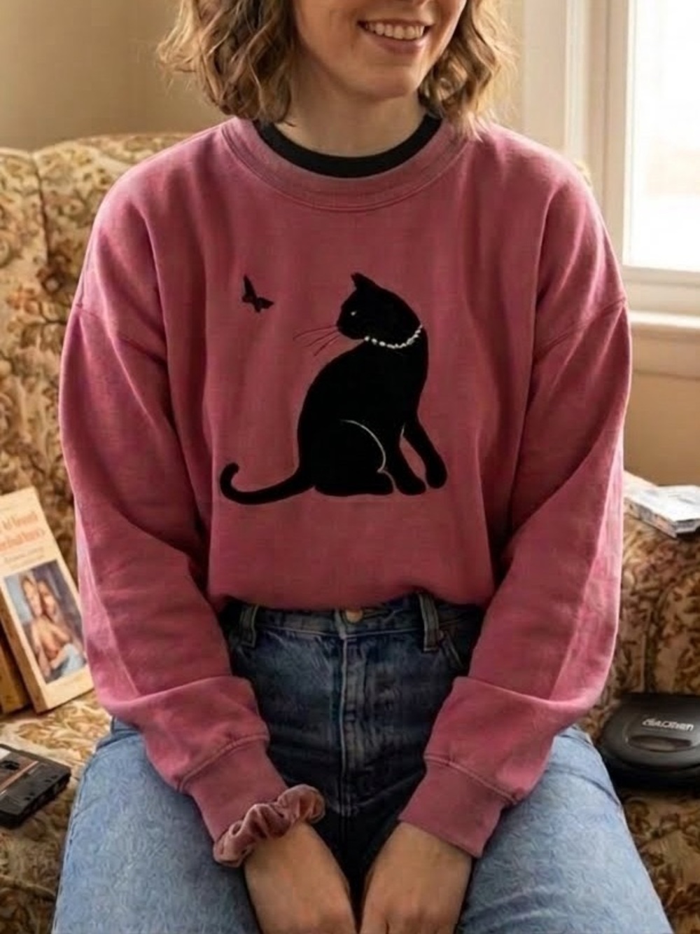 VTG 90s Top Stitch by Morning Sun Black Cat Velvet Pearl Collar Sweatshirt Pink